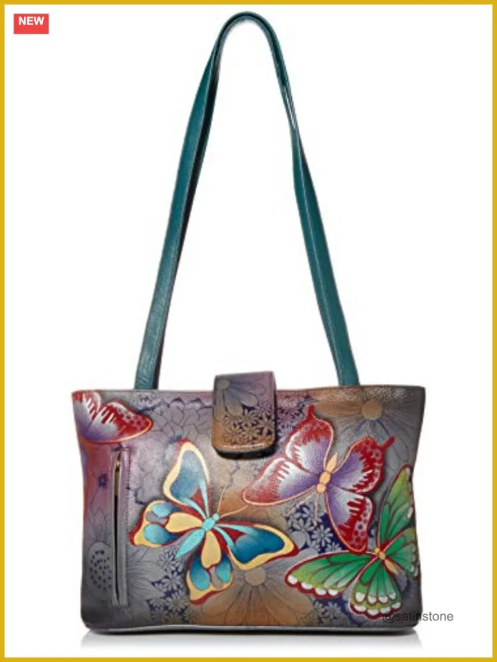 Hand Painted Genuine Leather Medium Tote Bag Double Handle